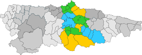 Mapa de asturias con partidos judiciales resaltados de: Avilés, Gijón, Oviedo, Siero, Langreo, Laviana, Mieres y Lena
